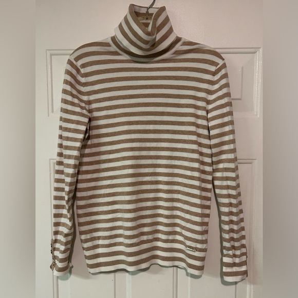 Tommy‎ Hilfiger Sweater Womens Medium Beige Striped Long Sleeve Turtle Neck Top - Picture 2 of 13